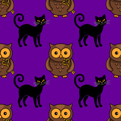 Seamless vector Halloween pattern with cute brown owls holding golden keys and black cats with curled tails on a purple background, perfect for festive designs and spooky decorations.