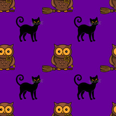 Seamless vector Halloween pattern featuring adorable brown owls on broomsticks holding keys and mischievous black cats, set against a vibrant purple background.