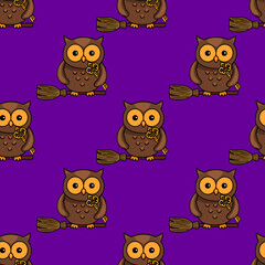 Seamless vector pattern with cute brown owls on broomsticks holding golden keys, perfect for Halloween or autumn designs.