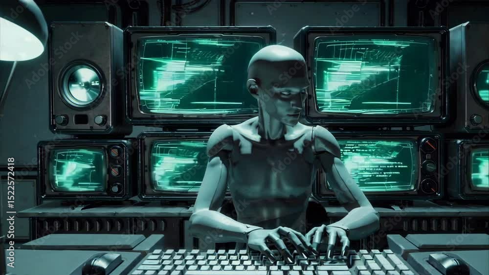 Poster humanoid robot programming on vintage computer in control room