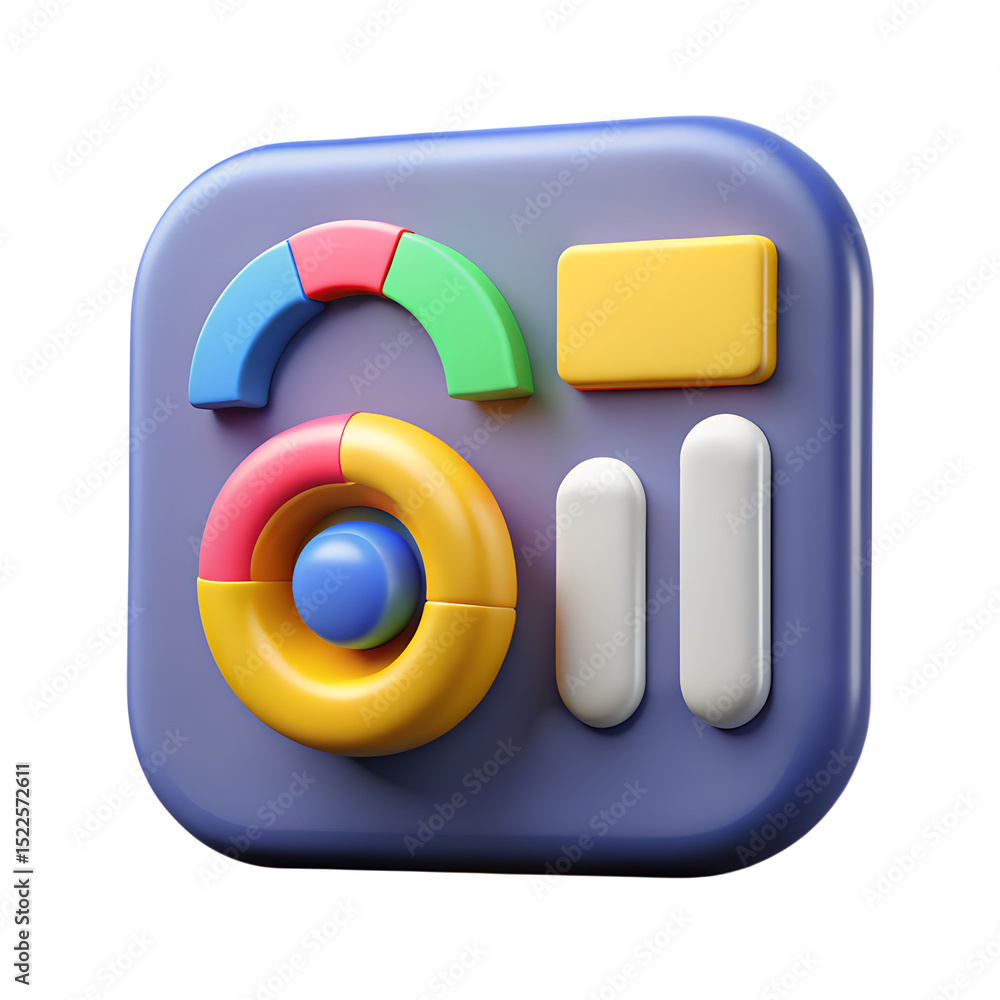 Poster colorful 3d data visualization icon with charts and graphs against a black background