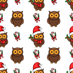 Seamless vector pattern featuring adorable cartoon owls in Santa hats, holding holly sprigs, alongside candy canes and festive bows, creating a charming Christmas design.