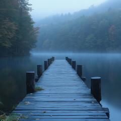 A lone fisherman casts his line from a dock on the serene lake.