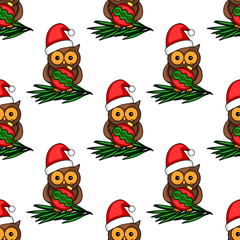 Seamless vector pattern of cute owls in Santa hats holding Christmas baubles, perched on fir branches, creating a festive winter design perfect for holiday cards and wrapping paper.