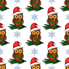 Seamless vector pattern of cute owls in Santa hats holding Christmas baubles, nestled on fir branches, interspersed with snowflakes on a white background.