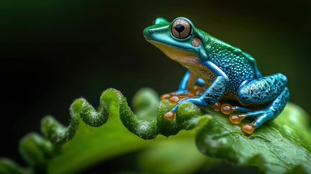 Poison dart frog in natural habitat on leaf, close-up shot with shallow depth of field.