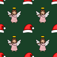 Seamless vector Christmas pattern featuring charming angels playing flutes and Santa hats on a deep green background, creating a festive and whimsical design.