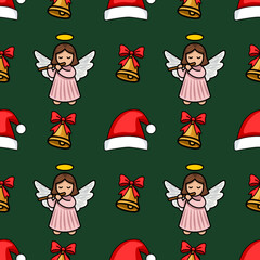 Seamless vector Christmas pattern featuring adorable angels playing flutes, jingle bells with red bows, and Santa hats on a dark green background, perfect for festive designs.