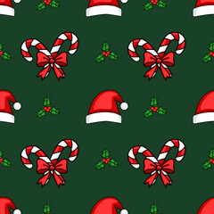 Seamless vector Christmas pattern with Santa hats, candy canes with bows, and holly berries on a dark green background, perfect for festive wrapping paper or holiday cards.
