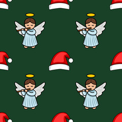 Seamless vector pattern featuring charming angels playing flutes and Santa hats on a deep green background, creating a festive and whimsical Christmas design.