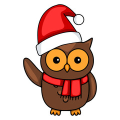 Festive vector illustration of a cute cartoon owl wearing a Santa hat and red scarf, waving hello.