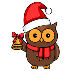 Festive vector illustration of a cute cartoon owl wearing a Santa hat and red scarf, holding a golden bell with a red ribbon.