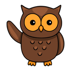 Adorable brown vector owl with orange eyes waving its wing, showcasing a friendly and playful character design ideal for childrens books or educational materials.