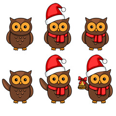Adorable vector illustration of six brown owls in Santa hats and red scarves, some waving and one holding a bell, perfect for Christmas cards or winter designs.