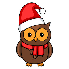Adorable vector illustration of a brown owl wearing a red Santa hat and scarf, perfect for Christmas-themed designs.