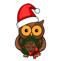 Adorable vector illustration of a brown owl wearing a Santa hat and holding a Christmas wreath with a red bow, perfect for festive designs.