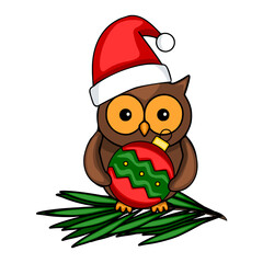 Festive vector illustration of a cute cartoon owl wearing a Santa hat and holding a Christmas bauble, perched on a stylized fir branch.