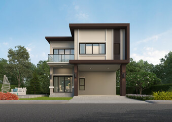 Modern house exterior day light with lawn grass.3d rendering