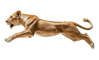 Obraz premium Powerful lioness in mid leap, isolated on transparent background