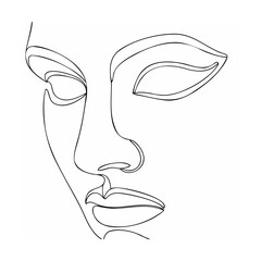 Minimalist line art illustration of a serene female face isolated on white background