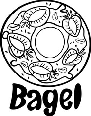 Sweet vector bagel. Hand drawn. Donuts with cream cheese, strawberry, seeds and lettering. Isolated on white background.