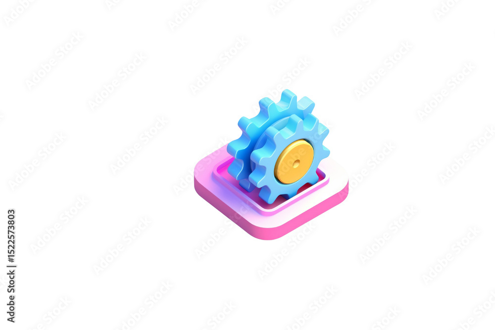 Poster 3d rendering of two interlocking gears inside a pink square, representing settings or mechanism. bac