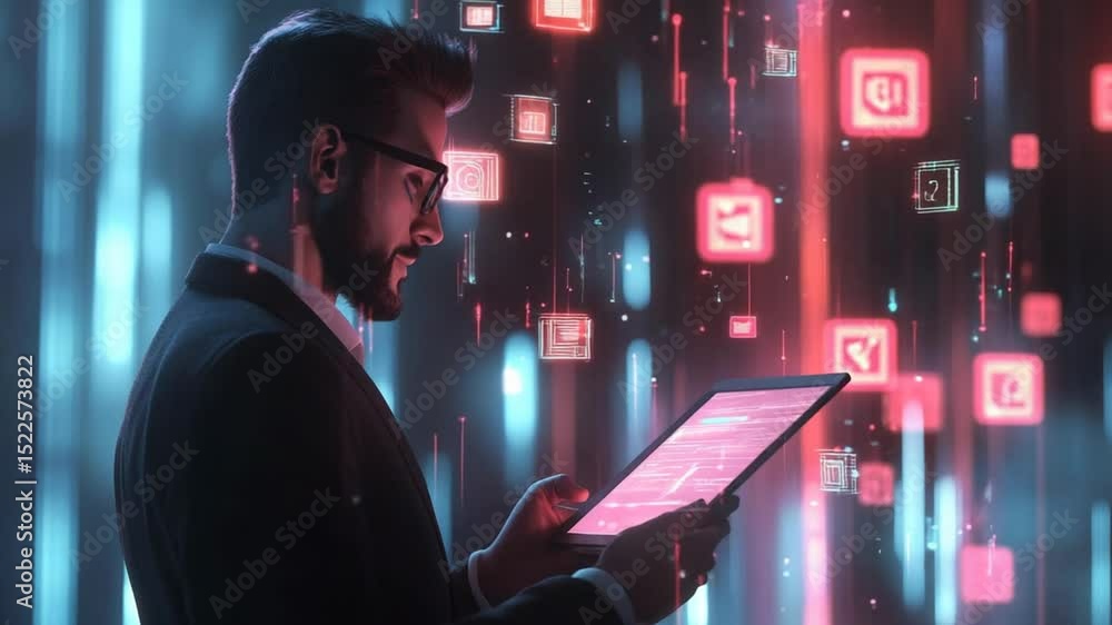 Aufkleber connected future: business professional utilizing digital tablet with glowing data network
