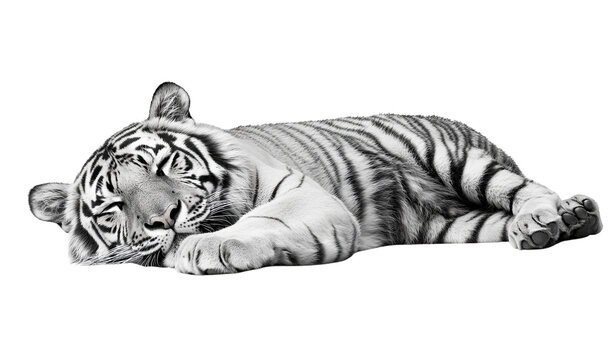 Sleeping white tiger monochrome image, isolated on transparent background