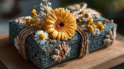 Gift Wrapped Present with Yellow Gerbera   Daisies