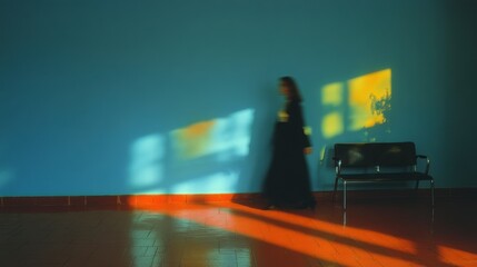 Cinematic Woman Walking in Dark Corridor  Motion Blur  Dramatic Lighting  Teal Walls