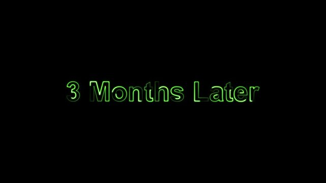 Glowing neon 3 month later text animation. black background, concepts