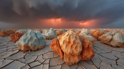 Dramatic Stormy Landscape  Cracked Earth  Rocks  Sunset Sky