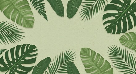 Overhead View of Various Green Tropical Leaves Arranged Around Beige Background