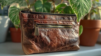 Rustic Brown Leather Zip Pouch Mockup with Tropical Plants