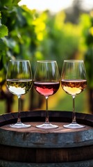 Three elegant glasses of wine showcasing white, rose, and red varieties against a beautiful vineyard backdrop