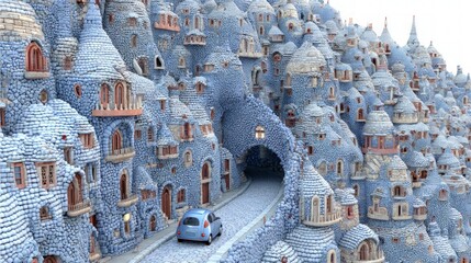 Autonomous Car Driving Through a Magical  Snowy Stone Village at Night