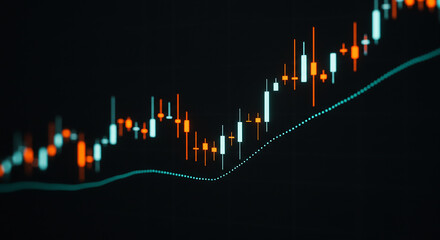 A detailed view of a financial chart with orange and white candlesticks on a dark background graph line