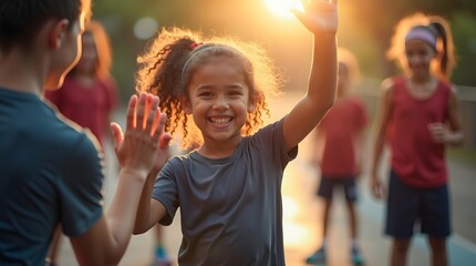 A joyful young girl with curly hair celebrates during a playful game at sunset, surrounded by friends in athletic attire.