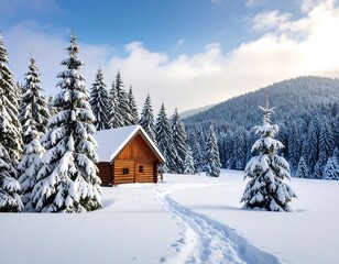 Snowy winter cabin in a forest