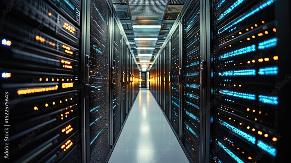 Poster modern data center server room with glowing blue and orange lights, advanced technology, secure envi