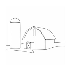 Minimalist illustration of a farm with barn and silo outlined in simple black lines