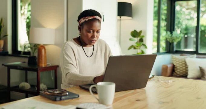 Stress, laptop and tired with black woman in home for insurance claim, security breach and fatigue. Liability policy, rejected application and pressure with person online for identity theft and worry