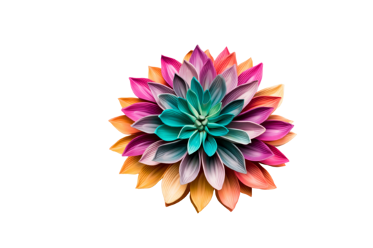 A vibrant, multicolored artificial flower with layered petals, creating a stunning visual effect. background removed