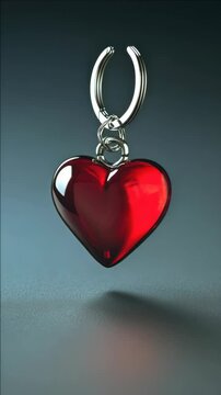 A heart-shaped pendant made of clear glass with a red heart in the center, attached to a silver keyring chain, ideal for gifting or personal adornment.