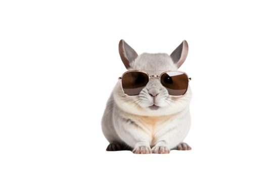 A cute, fluffy rabbit wearing aviator sunglasses. background removed