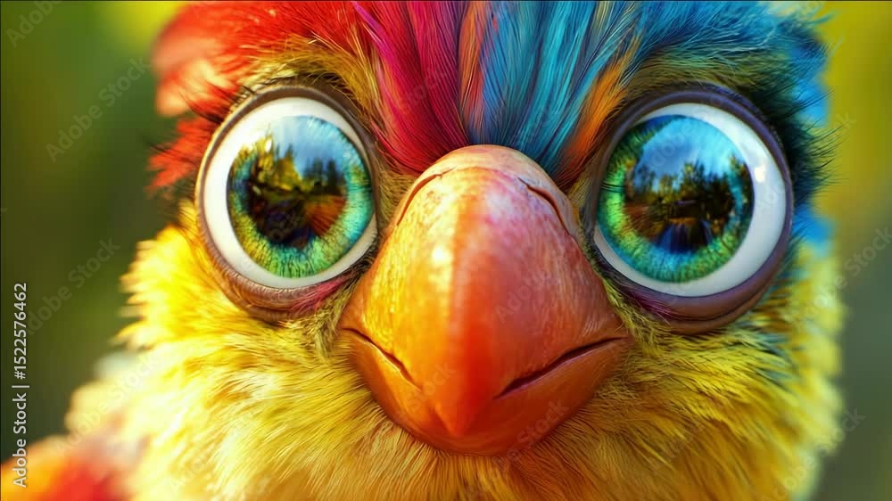 Aufkleber this is an of a multicolored bird with a surprised expression. it features bright colors and a close