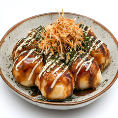Traditional Japanese Takoyaki with Toppings in Ceramic Bowl
