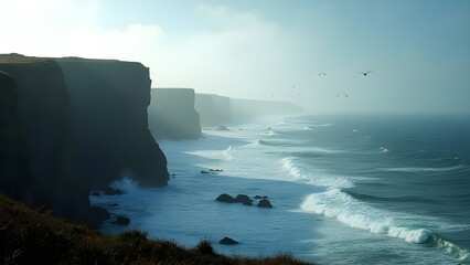 Ocean waves crashing against cliffs with birds flying – dramatic coastal nature scene