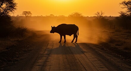 Pixelated Animal Silhouette Walking Down Dusty Road At Sunset With Golden Light