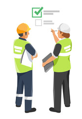 Female safety inspector reviewing checklist with factory staff during on site industrial permit inspection isometric